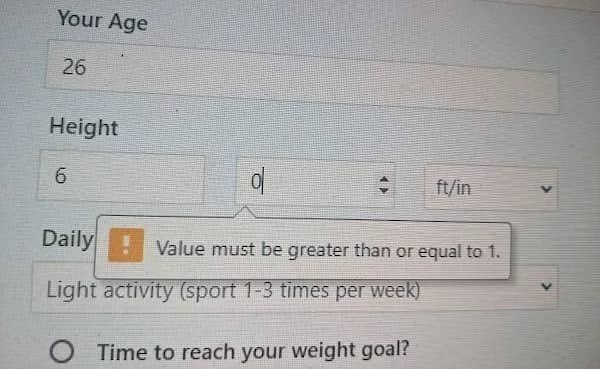 Height input form field rejecting zero inches with a red error message requiring value one.
