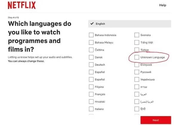Netflix language settings menu featuring a circled checkbox option for a mysterious Unknown Language selection.