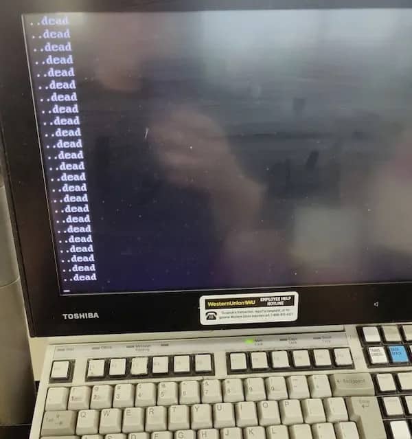 Old Toshiba computer terminal screen repeatedly printing the word dead in a continuous vertical column.