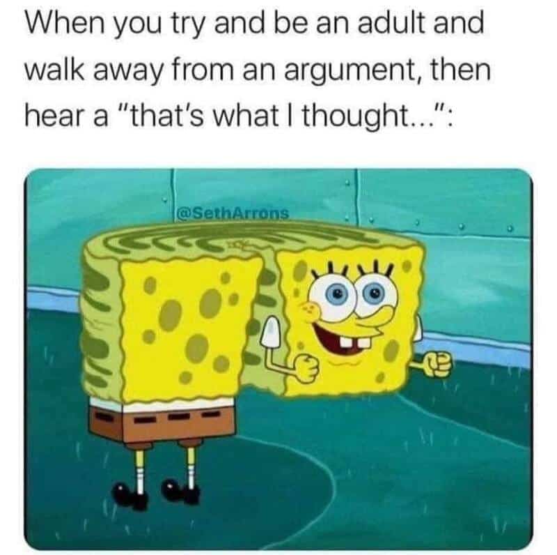 SpongeBob quickly turning around after hearing someone mutter under their breath during an argument.