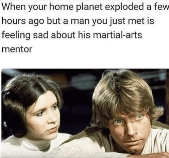 observational star wars meme showing Princess Leia comforting a sad Luke Skywalker, pointing out the sheer absurdity that he is mourning his martial-arts mentor while her entire home planet just exploded a few hours ago.