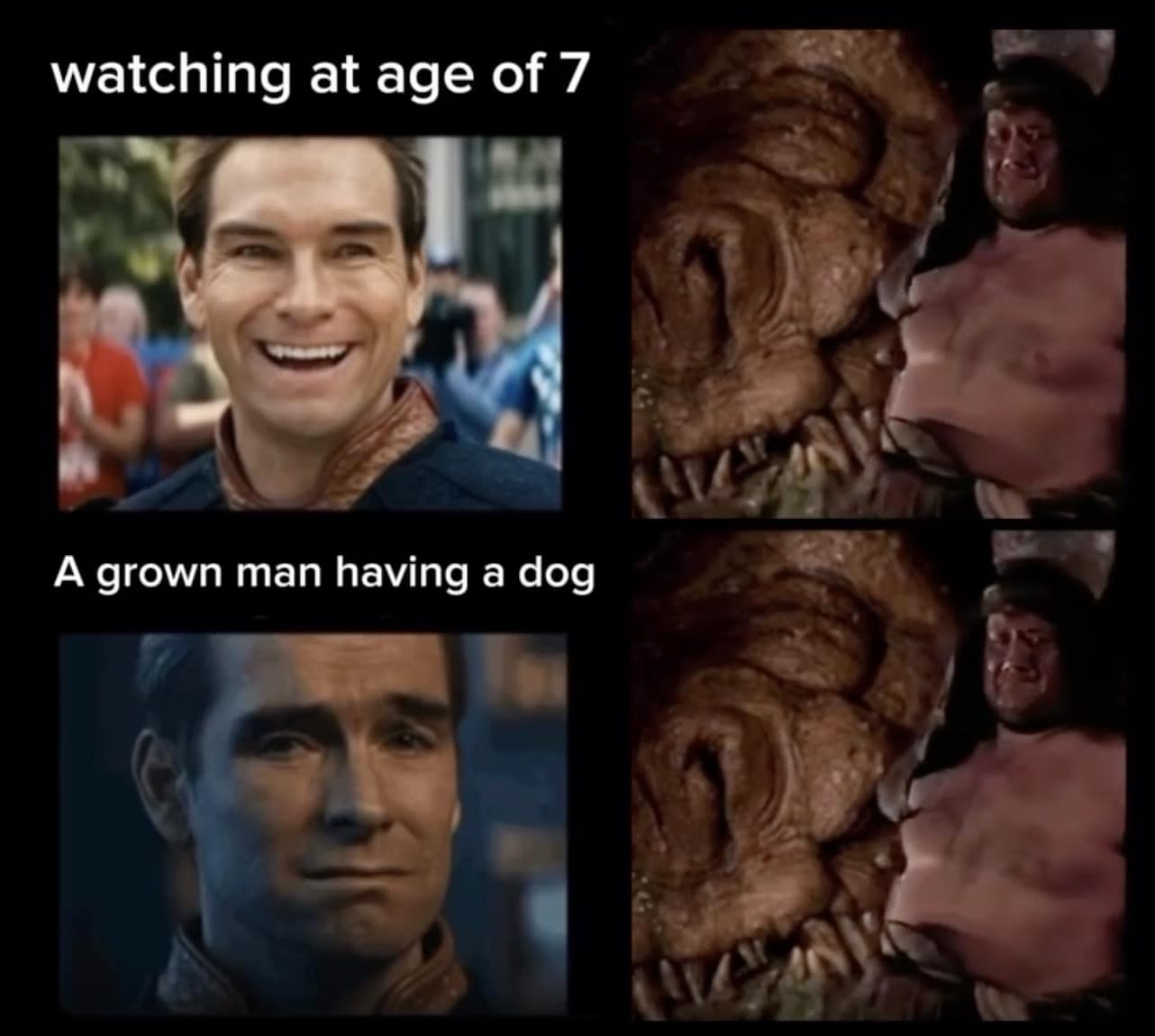 deeply funny star wars meme parodying the Spaceballs character Barf, using Homelander to show the sheer joy of watching the movie as a kid versus the grim reality of realizing it is just a grown man playing a dog.