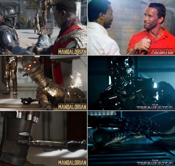 A side-by-side visual comparison showing how The Mandalorian mirrors Arnold Schwarzenegger classics. It highlights identical shots, including the epic "Epic Dillon!" handshake from Predator and the glowing red eyes of a destroyed droid mirroring the original T-800.
