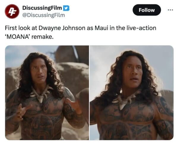 A Moana live action meme starting with the "DiscussingFilm" announcement tweet. It shows a first look at Dwayne "The Rock" Johnson as Maui, featuring his iconic tribal tattoos, a large bone necklace, and a thick, voluminous wig of long, wavy black hair.