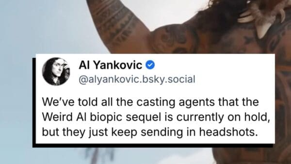 A satirical Moana live action meme featuring a tweet from Al Yankovic. The text jokes that casting agents for a non-existent Weird Al biopic sequel won't stop sending in headshots, implying The Rock's Maui look is a dead ringer for the legendary parody musician.
