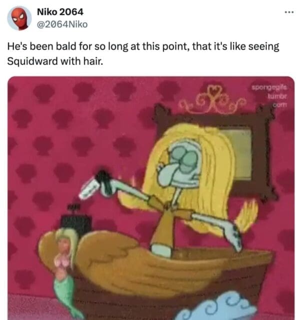 A comparison The Rock wig meme on X. The user notes that seeing the actor with hair is like seeing "Squidward with hair," paired with a classic SpongeBob SquarePants screenshot of Squidward wearing a long, luxurious blonde wig.