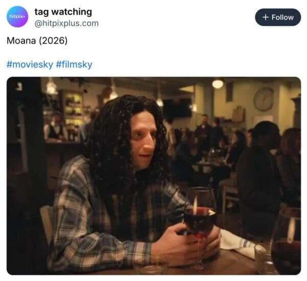A satirical Moana live action meme from "tag watching." It features a still of comedian Tim Robinson in a scraggly, long black wig from the sketch show I Think You Should Leave, jokingly captioned "Moana (2026)" to mock the Rock's appearance.