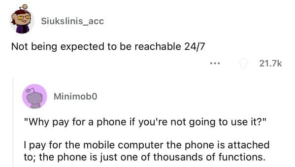 Post about the lost freedom of not being expected to be reachable via phone twenty-four-seven.