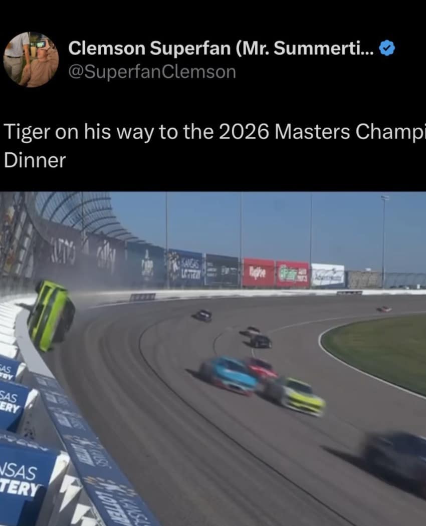 A high-speed Tiger Woods crash meme featuring a tweet from @SuperfanClemson. It displays a blurred photo of a lime-green race car flipped vertically against a track wall while others drive past, captioned: "Tiger on his way to the 2026 Masters Champion Dinner."