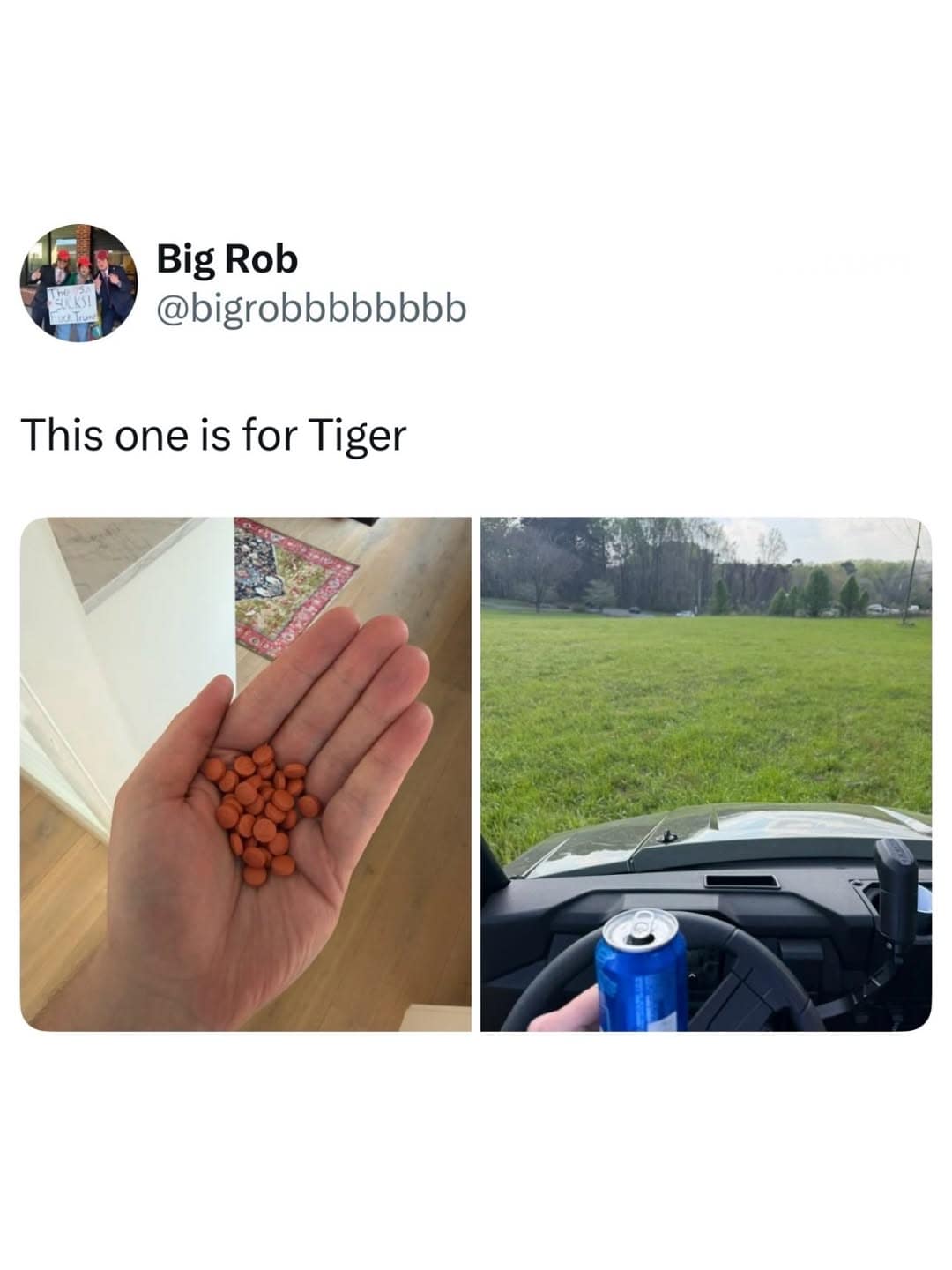 A dark humor Tiger woods DUI meme showing a split visual: on the left, a hand full of orange ibuprofen pills; on the right, a POV shot of a blue beer can sitting on a dashboard while driving through a field. The caption reads: "This one is for Tiger."