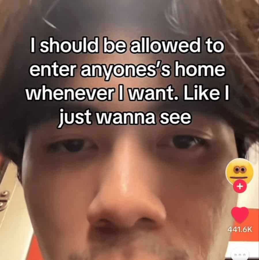unhinged screenshot of a man’s face with a text overlay expressing a highly invasive desire. He claims he should be allowed to enter anyone’s home whenever he wants because he "just wanna see," capturing a vibe of extreme, casual intrusive thoughts.