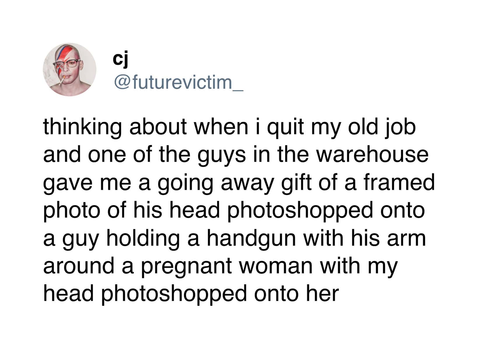 Unhinged farewell gift story involves photoshopped warehouse coworker holding handgun with pregnant woman