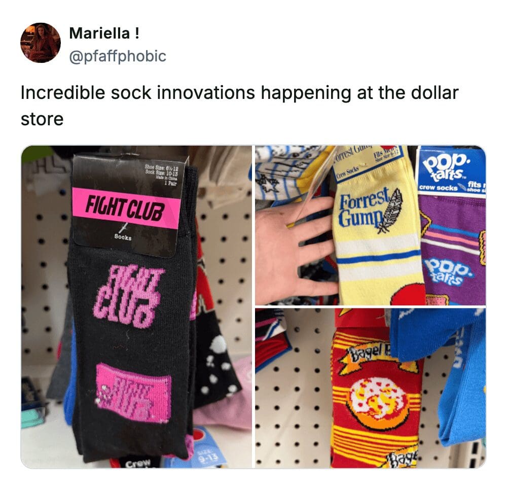 Dollar store sock innovations include Fight Club Forrest Gump Pop-Tarts and Bagel Bites designs