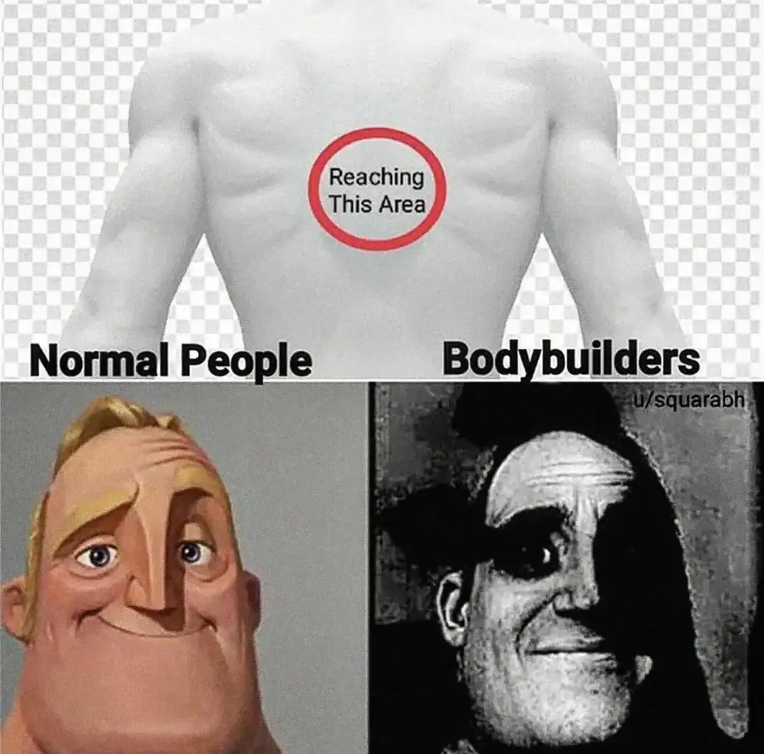 A highly accurate gym meme using the traumatized Mr. Incredible format to show how easily normal people can reach the middle of their back, compared to the absolute nightmare it is for muscle-bound bodybuilders in this workout meme.