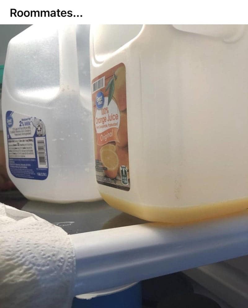 classic worst roommates move in the kitchen. A close-up inside a refrigerator shows nearly empty gallon jugs of 2% milk and orange juice. Both containers have less than an inch of liquid left, just enough to avoid throwing them away.