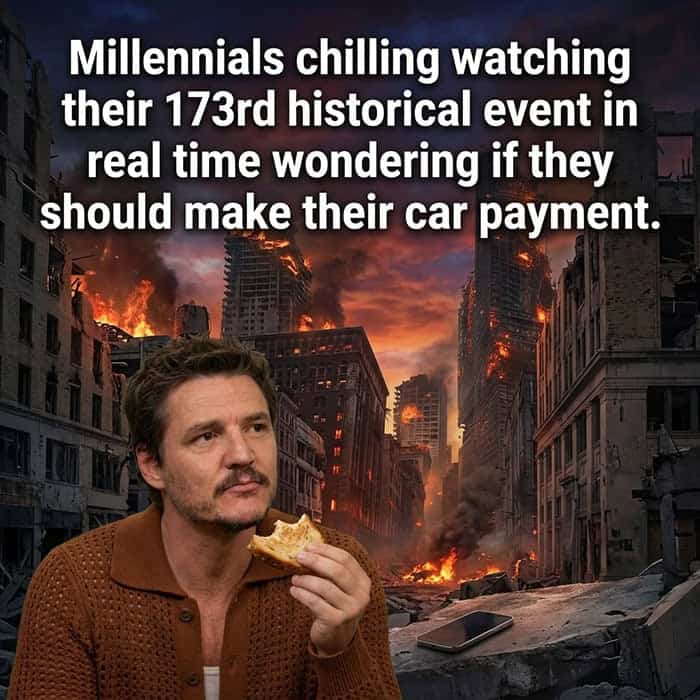 Pedro Pascal eating toast calmly in front of a city being destroyed by fiery explosions.