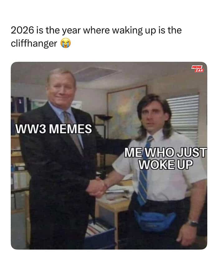 Michael Scott and Ed Truck handshake meme representing waking up to World War 3 memes.