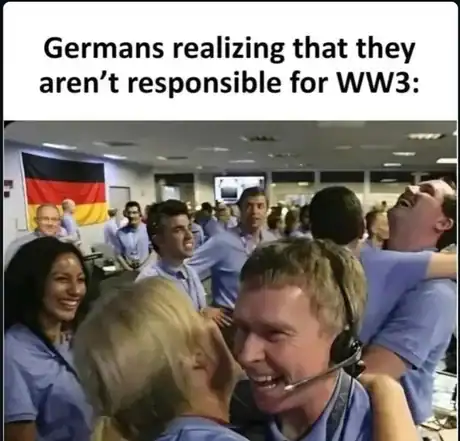A group of people cheering and hugging under a German flag celebrating not being the cause.