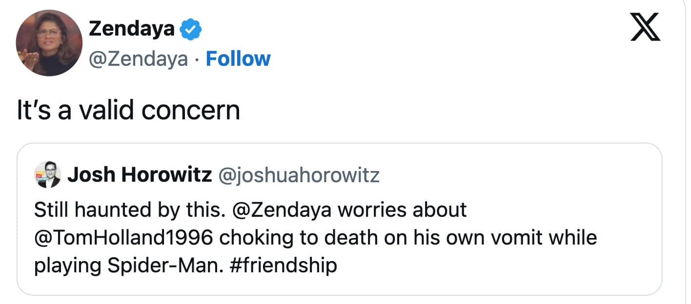 Funny Zendaya memes showing a Twitter interaction where she genuinely defends her very specific fear of Tom choking on his own vomit inside the restrictive Spider-Man suit.