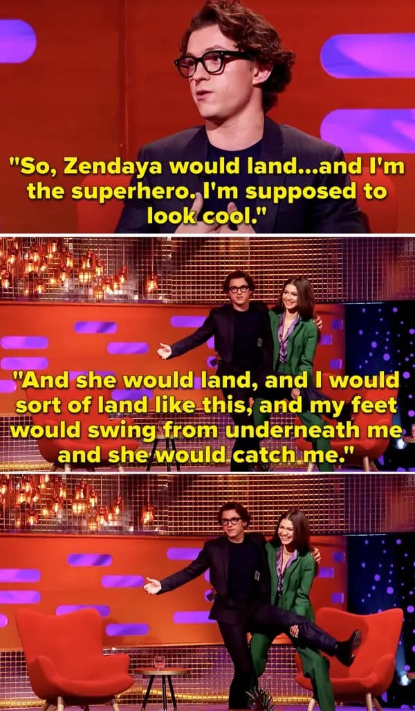 Hilarious Tom Holland memes from a talk show where the couple physically demonstrates a botched Spider-Man stunt landing, resulting in Zendaya having to catch him like a damsel in distress.