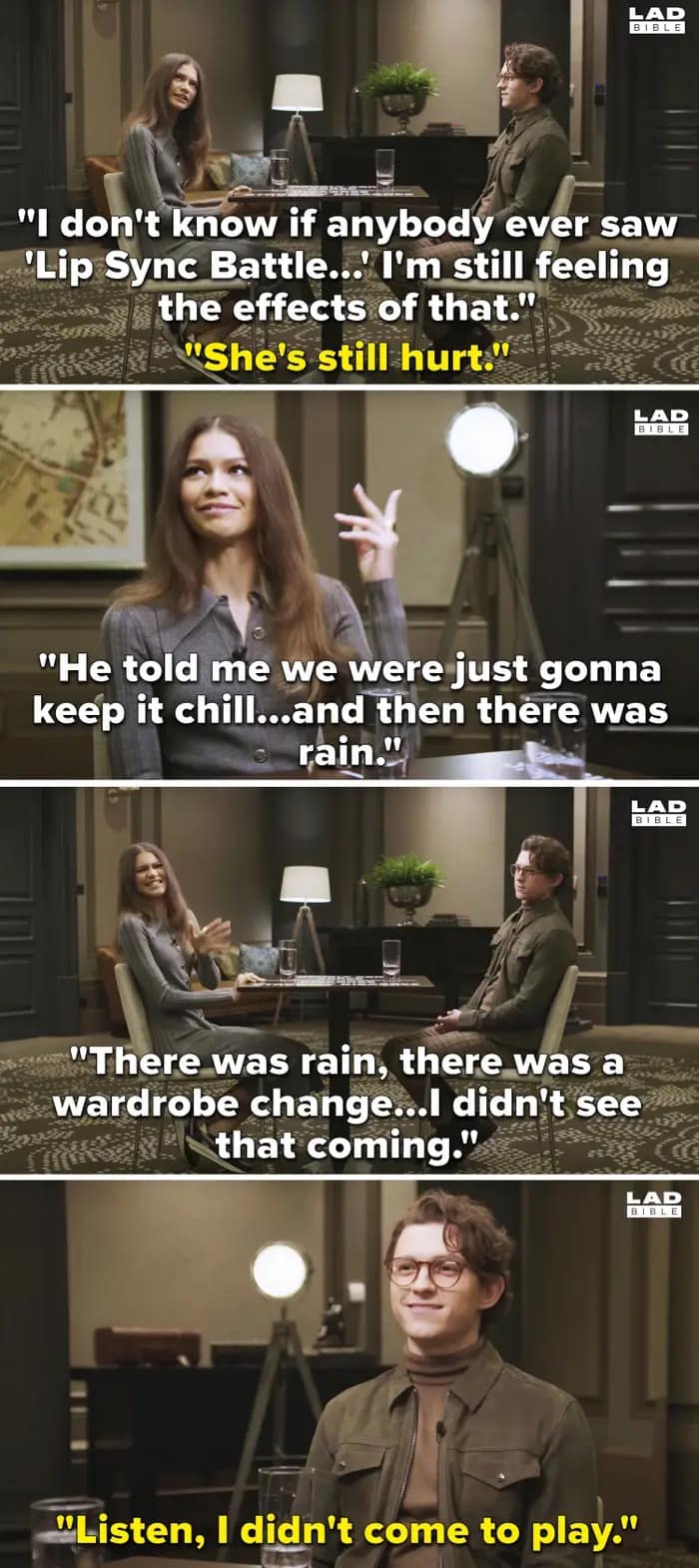 A funny Zendaya and Tom Holland meme from an interview where they recount the Lip Sync Battle betrayal, with Tom ruthlessly stating he did not come to play after surprising her with rain and a wardrobe change.