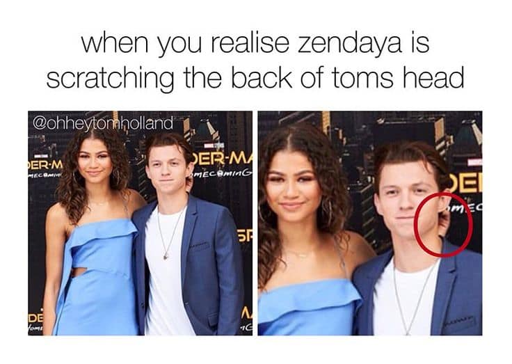 A sweet Zendaya and Tom Holland meme zooming in on a red carpet photo to reveal Zendaya affectionately scratching the back of Tom's head while posing for cameras.