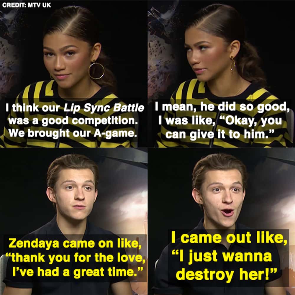 Funny interview comparison highlighting their Lip Sync Battle rivalry, with Zendaya being graceful and Tom fiercely admitting he just wanted to absolutely destroy her on stage in these Tom Holland memes.