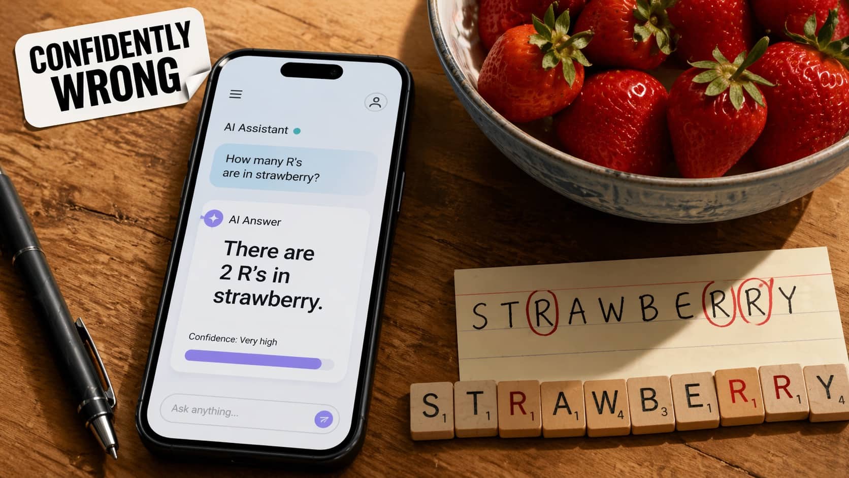 AI assistant on smartphone claiming there are two R's in strawberry despite circled letters on paper.