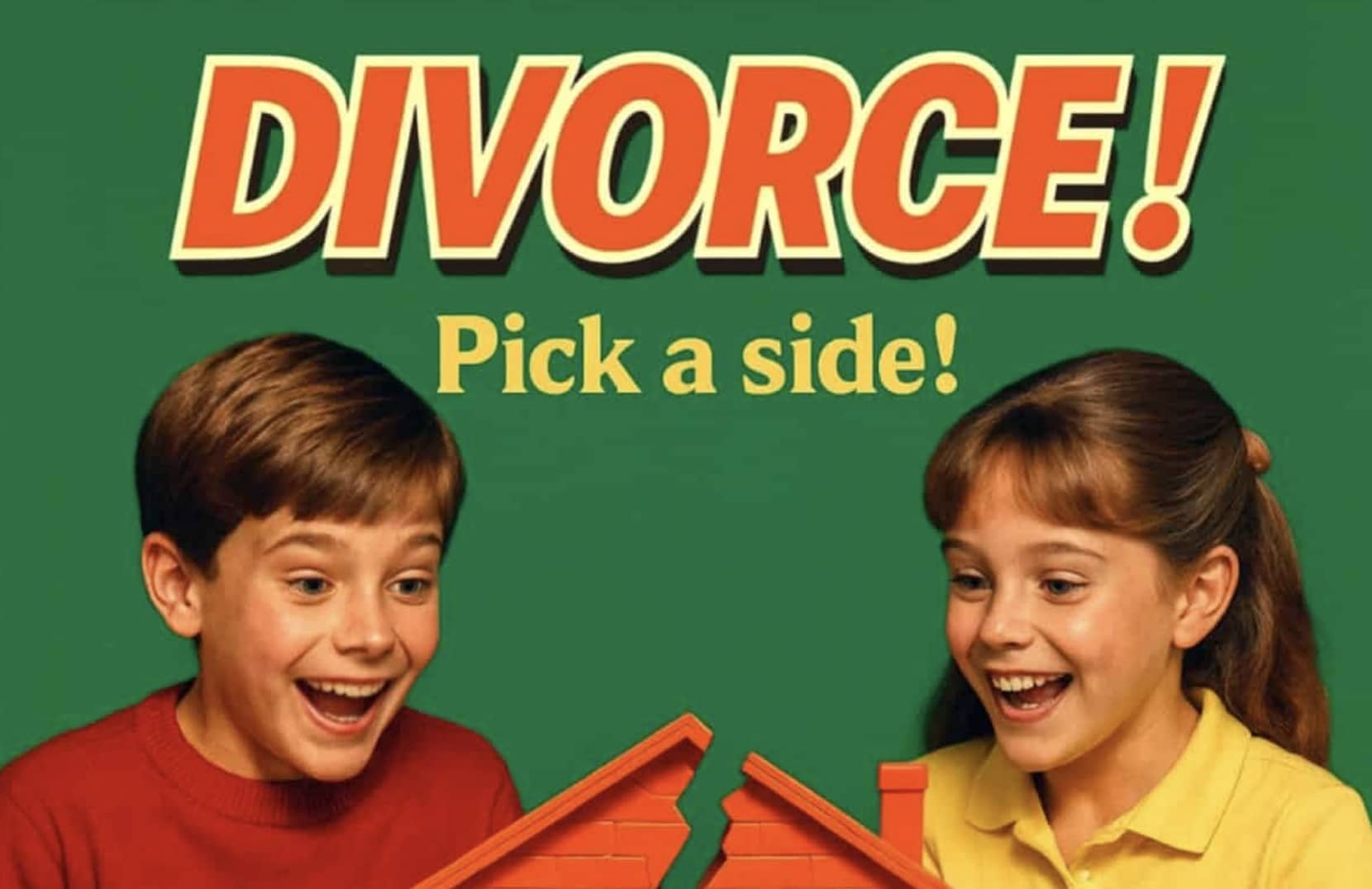 Forbidden children's toys parody board game titled Divorce featuring two smiling kids splitting a house.
