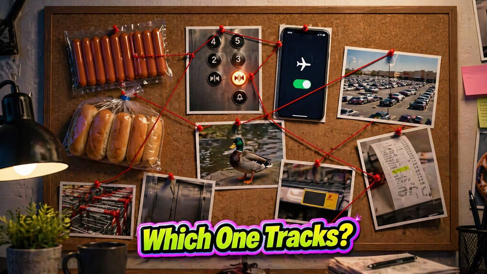 Detective board with red string connecting hot dogs, elevator buttons, and funny conspiracy theory photos.