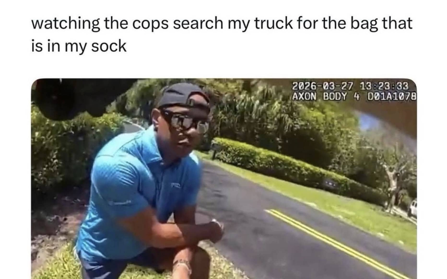 Tiger Woods bodycam footage meme about watching police search a vehicle while hiding contraband.