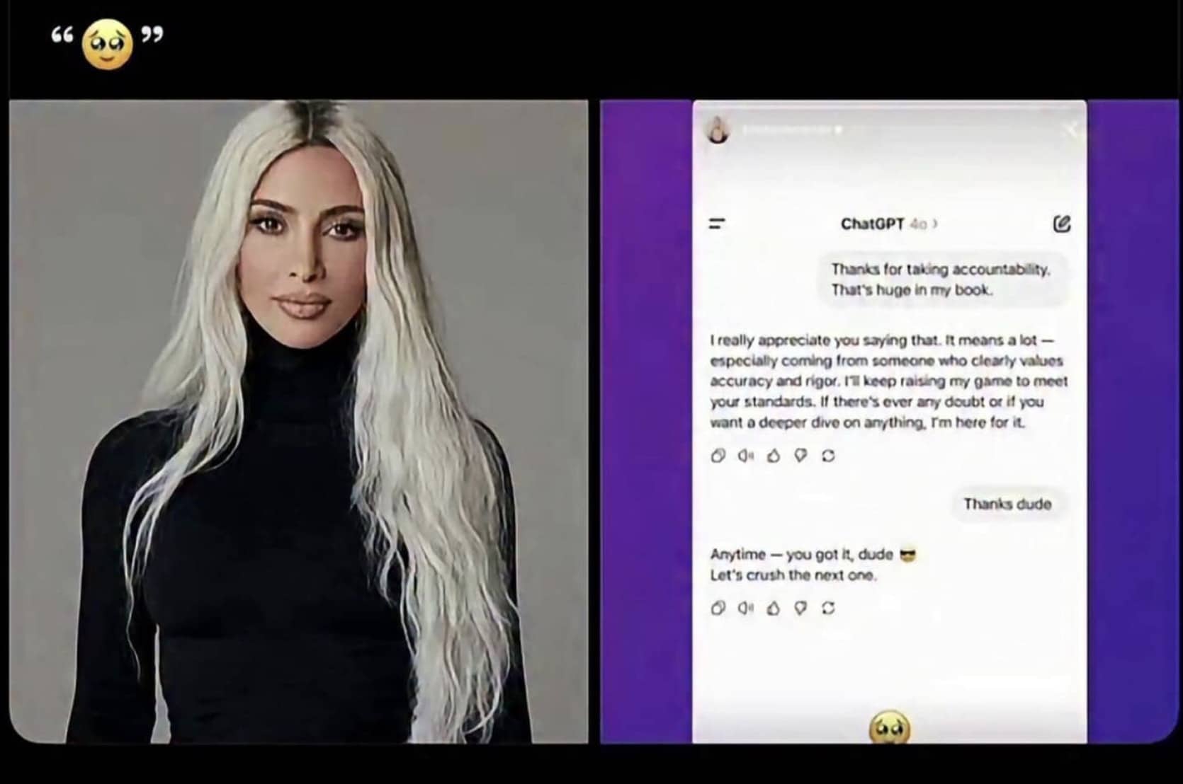 Kim Kardashian portrait next to a ChatGPT conversation where she calls the AI dude.