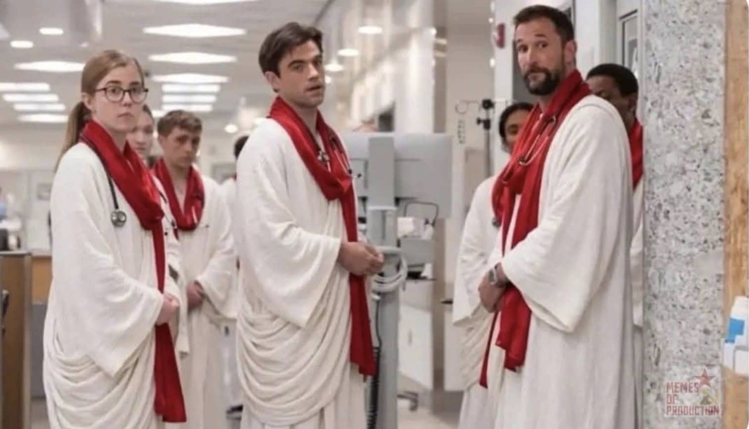 Alt Text: Medical staff wearing white togas and red sashes with stethoscopes in a funny hospital setting.
