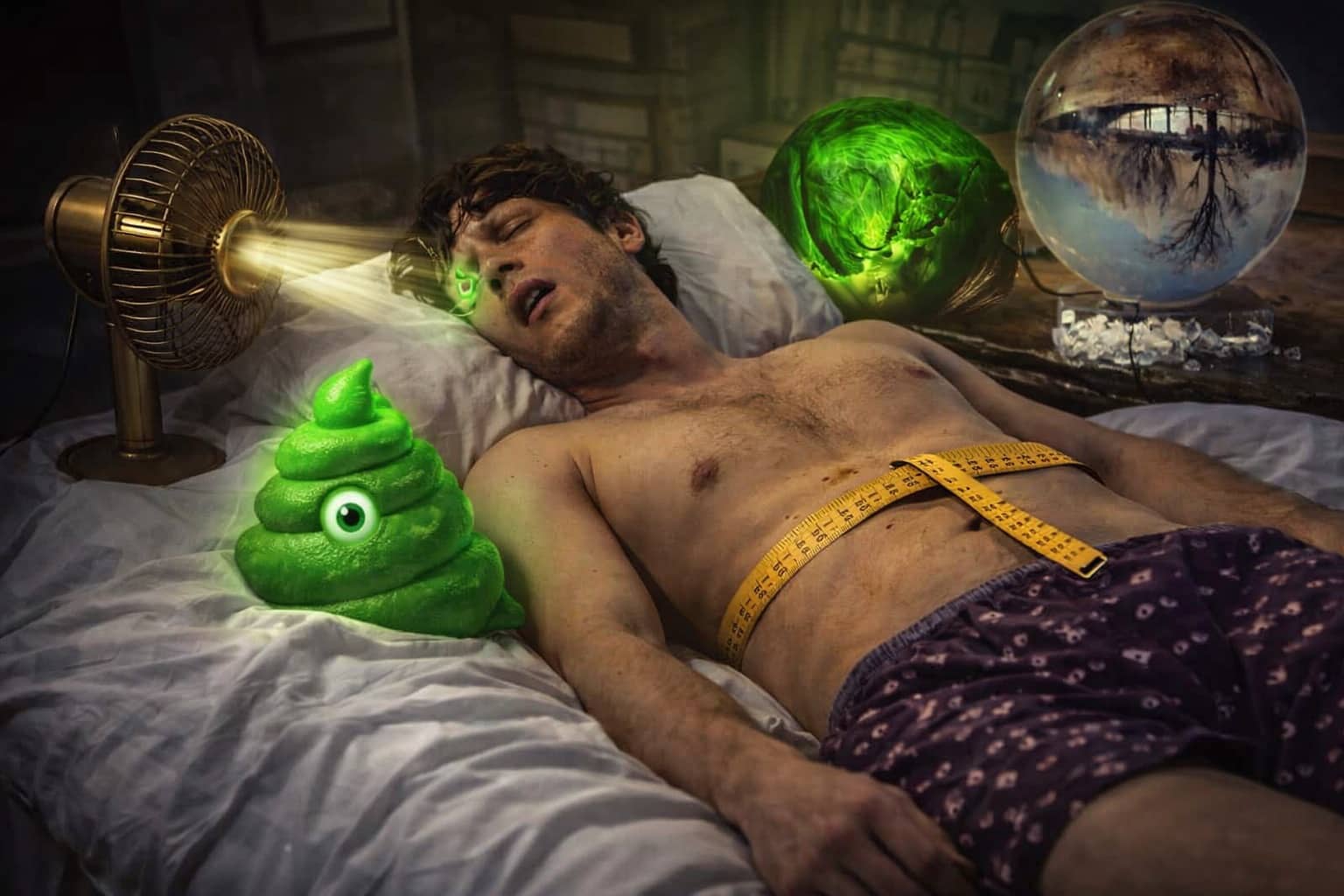 Surreal collage of human body facts featuring a sleeping man with glowing eyes and green symbols.