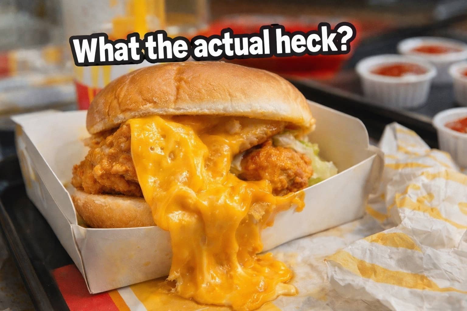 Messy chicken sandwich with excessive melted cheese overflowing from a white fast food container.