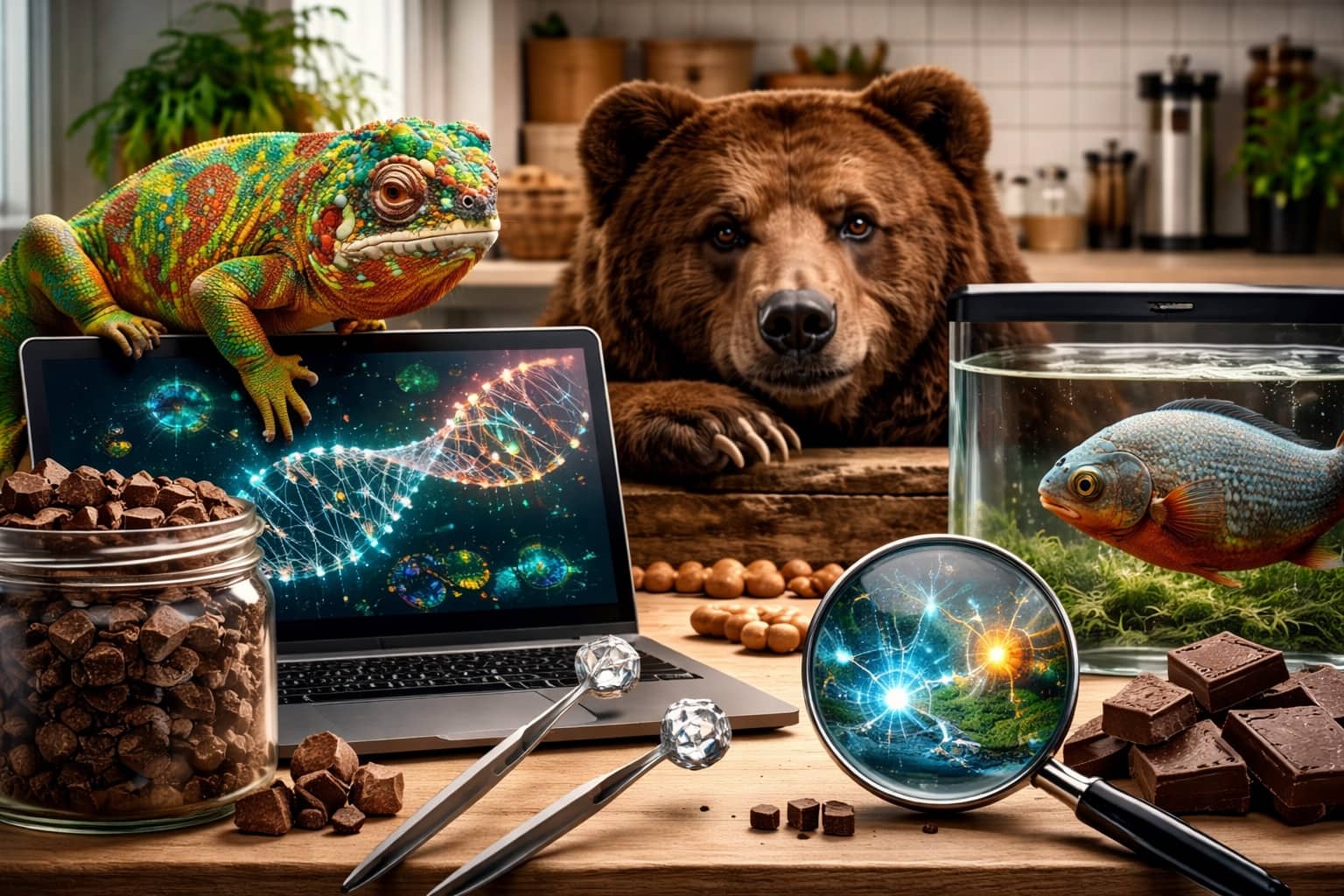 Chameleon on laptop with DNA graphics next to a bear and fish representing science myths.