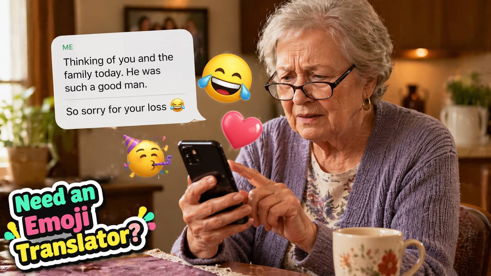 Elderly woman confused by phone with text message using laughing crying emoji for funeral condolences.