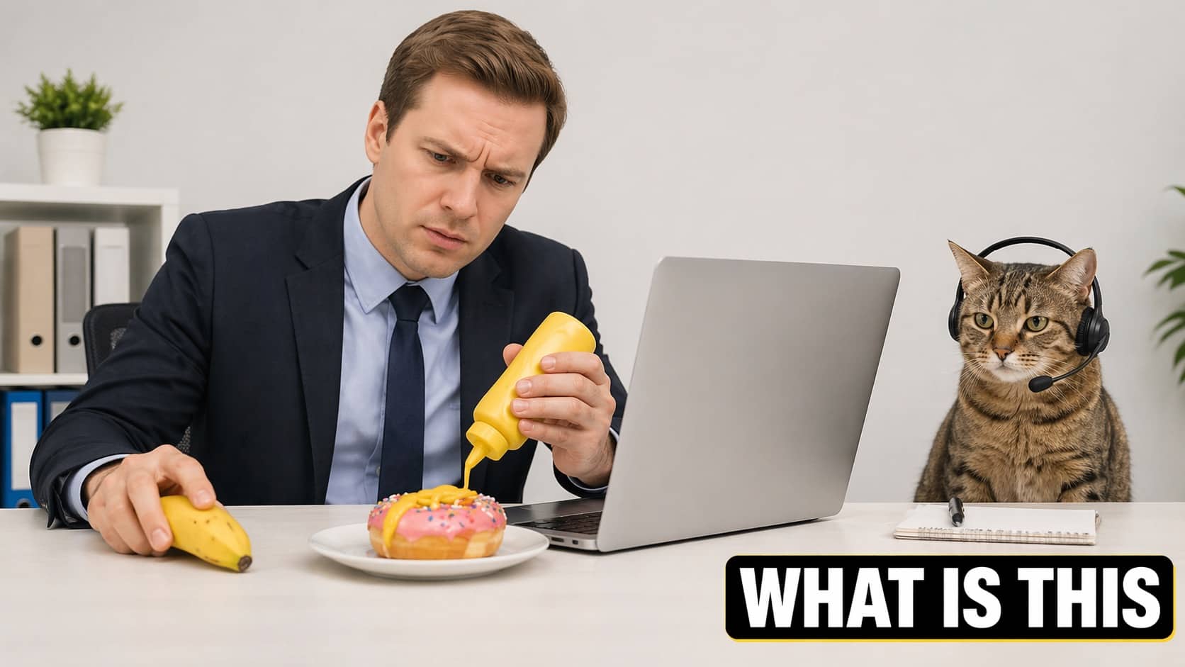 Business man putting mustard on a pink doughnut next to a cat wearing a headset.