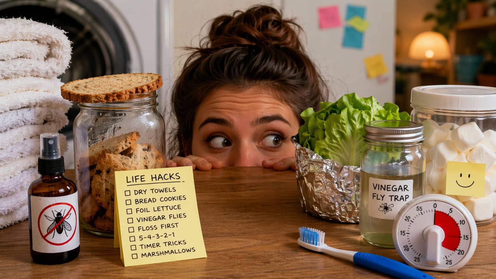 Woman peeking over kitchen counter surrounded by life hacks like vinegar fly traps and marshmallows.