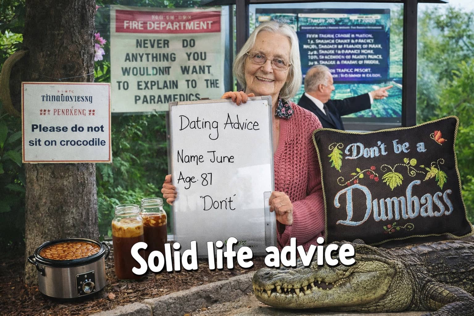 Elderly woman holding a dating advice sign saying don't with funny life advice background signs.