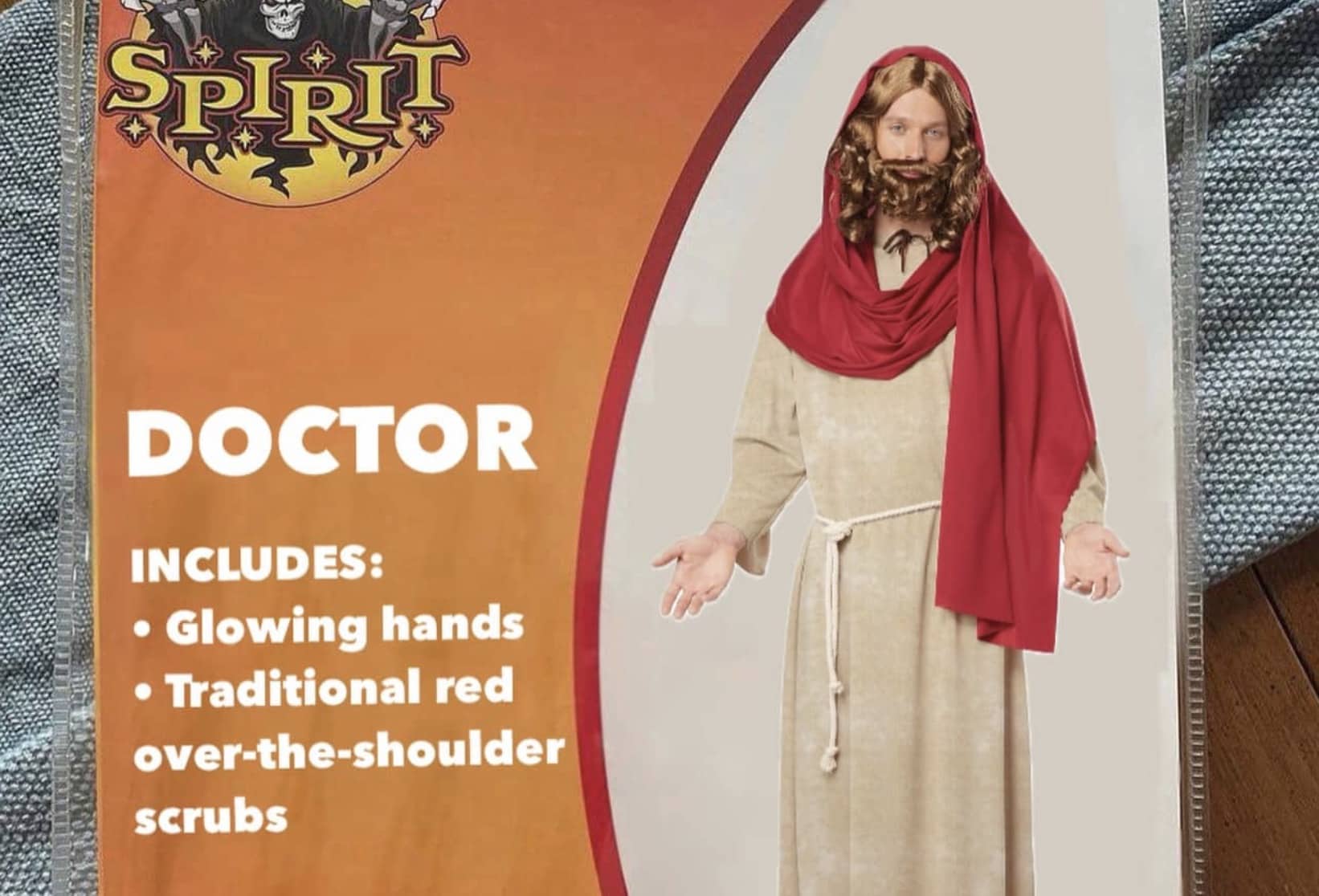 Funny spirit halloween costume package labeled doctor featuring a man dressed in jesus christ robes.