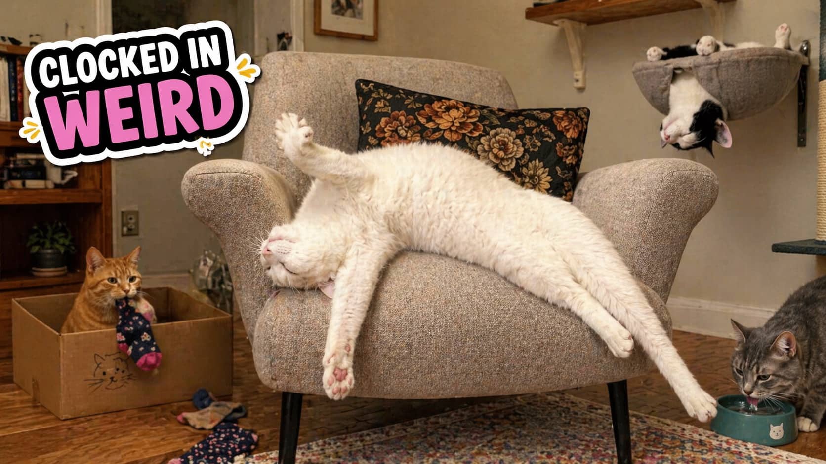 Four funny cats acting weird including one sleeping upside down on a chair and another in a box.