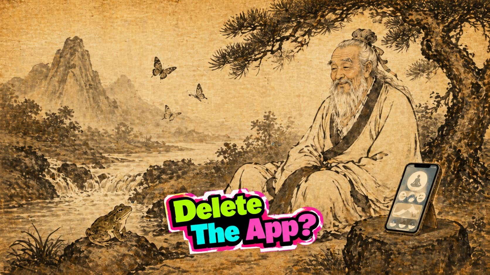 Ancient Chinese philosopher sitting under a tree with a smartphone for meditation app quotes meme.