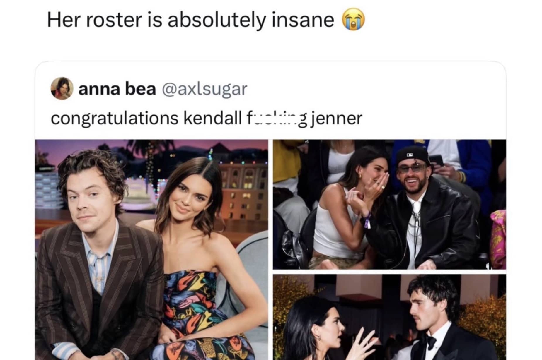 Kendall Jenner with famous partners Harry Styles, Bad Bunny, and Jacob Elordi in meme gallery.