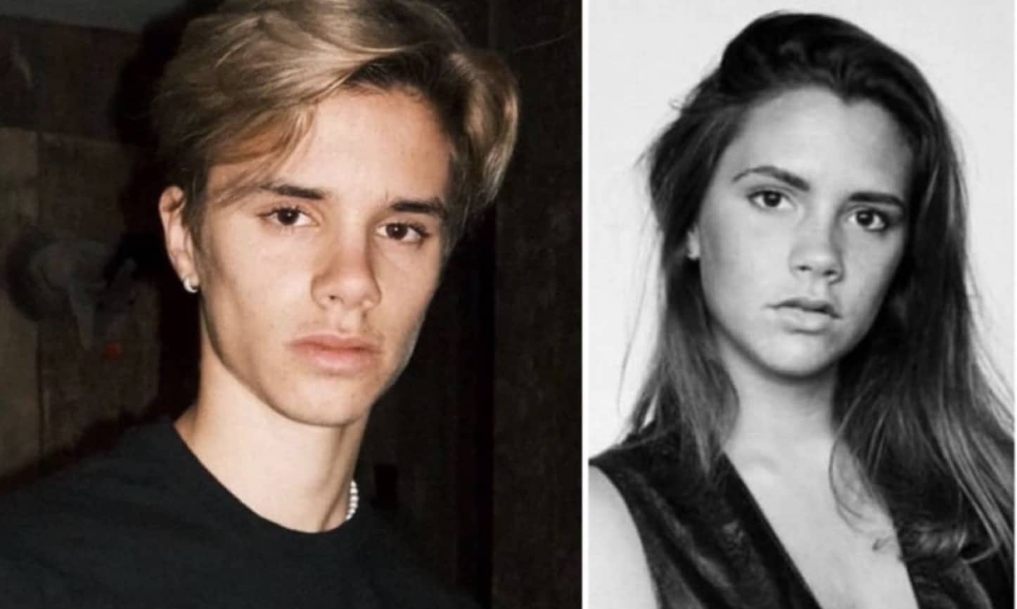 Side-by-side comparison showing the striking facial resemblance between Romeo Beckham and young Victoria Beckham.