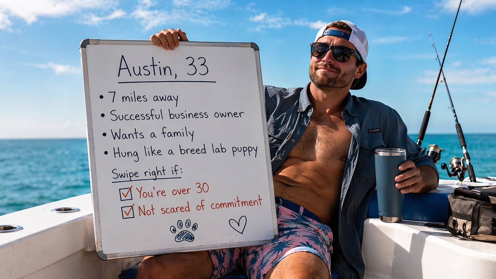 Man on a boat holding a whiteboard with a humorous Tinder profile description and checklist.