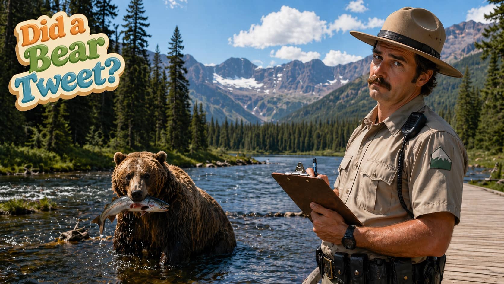 National park ranger with clipboard looking skeptical while a large bear catches fish in background.