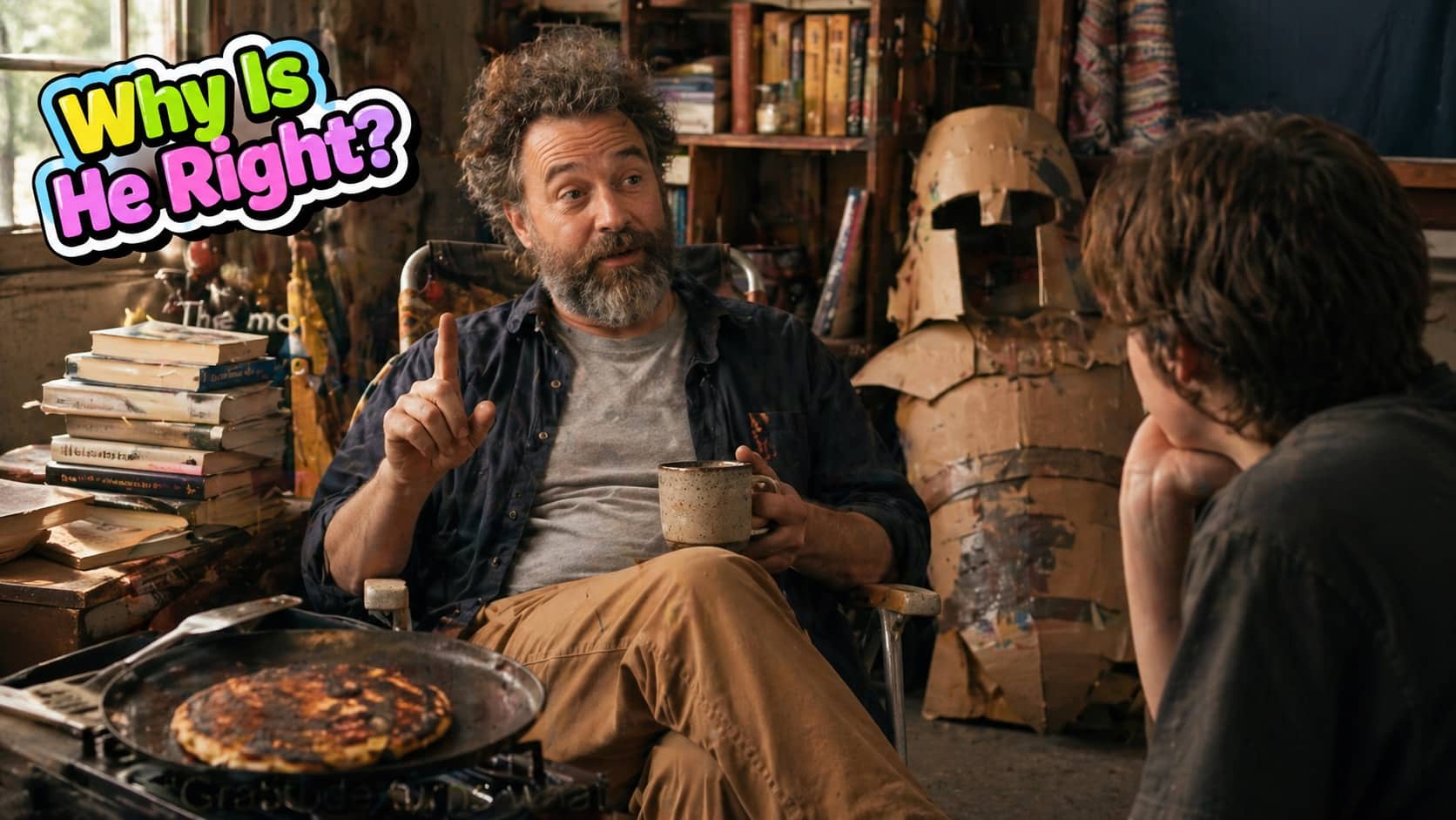 Bearded man giving life advice to teenager in cluttered workshop with stack of books nearby.