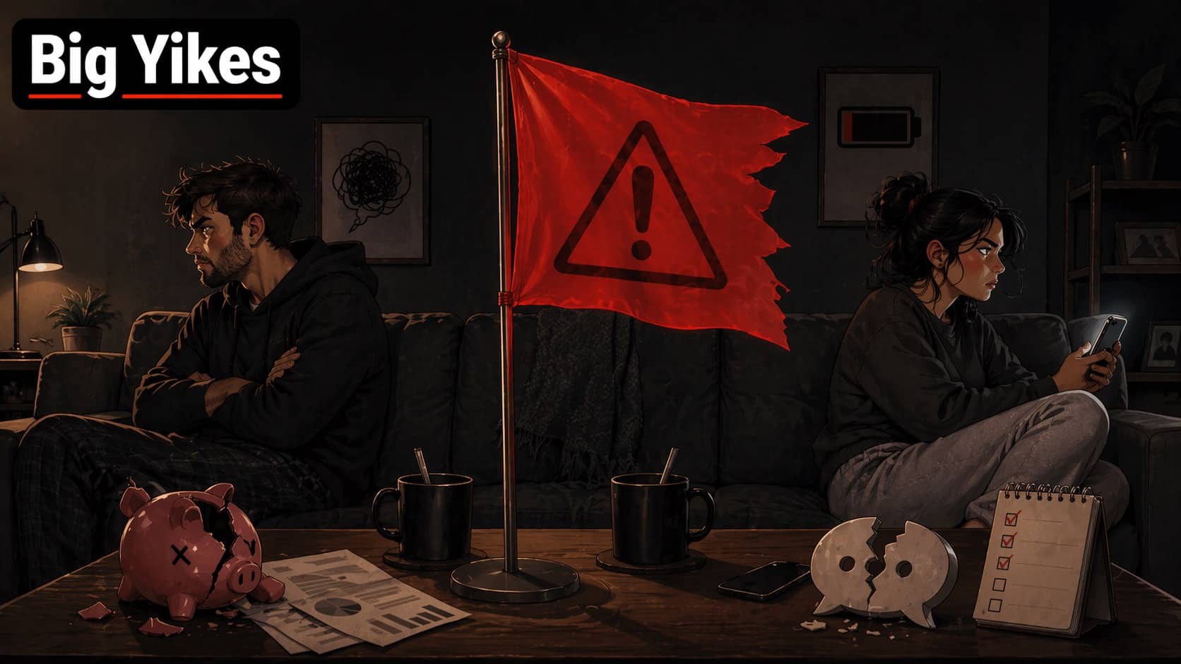 Couple sitting apart on a sofa with a red flag and broken piggy bank between them.