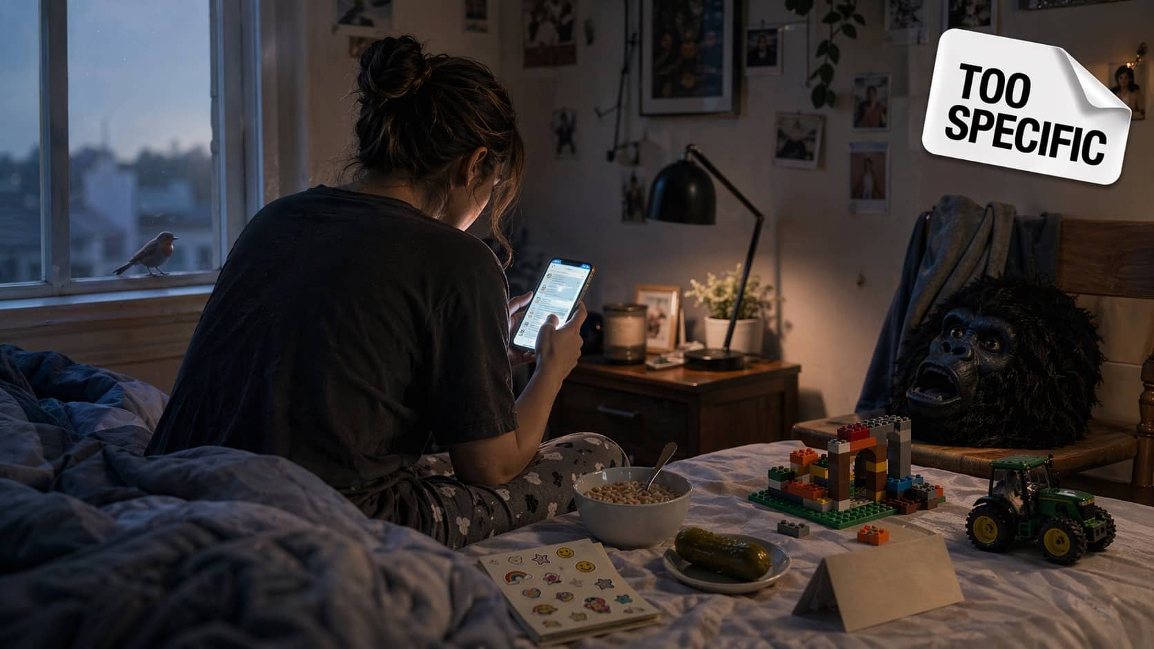 Person sitting on bed looking at phone in messy room with surreal gorilla mask and toys.